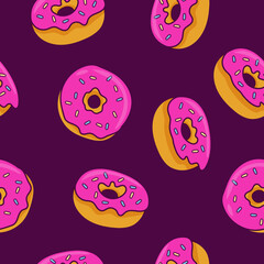 Seamless pattern with donuts with pink icing. Background for cafes, restaurants, coffee shops, catering. Design texture for menu, booklet, banner, website.