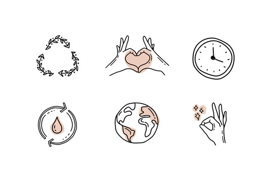 Ecology hand drawn icon set, nature and environment. Save the planet. Protection, planet care, natural recycling power.