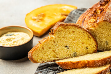 Closeup of pumpkin sourdough bread with seeds, Healthy food concept. place for text, top view