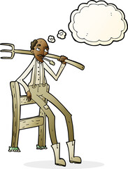 cartoon old farmer leaning on fence with thought bubble