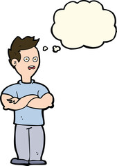 cartoon man with crossed arms with thought bubble