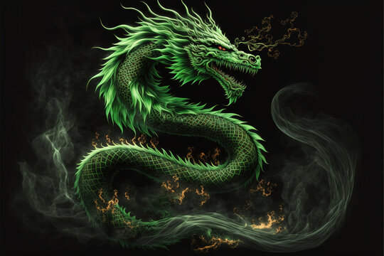 Green angry dragon made of flame and smoke on black background, generative ai.