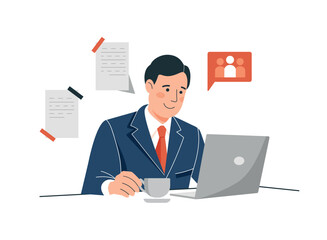 Vector illustration of a man at a laptop. Illustration of work online, online negotiations, commercial illustration in flat style