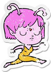 distressed sticker of a cartoon alien girl