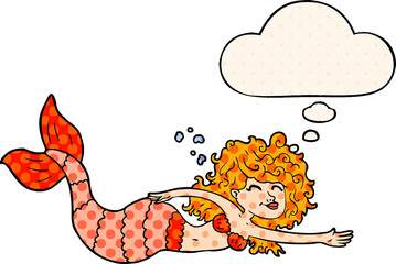cartoon mermaid and thought bubble in comic book style