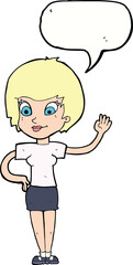 cartoon woman waving with speech bubble