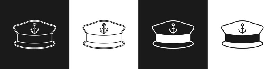 Set Captain hat icon isolated on black and white background. Vector