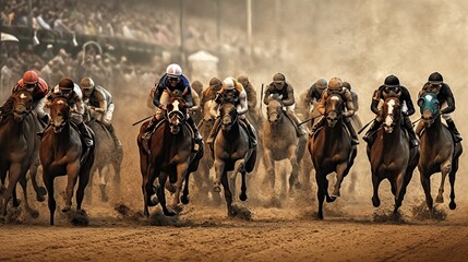Kentucky derby horse racing. Generative AI illustration. - obrazy, fototapety, plakaty