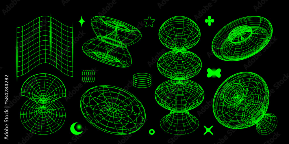 Aufkleber Y2k geometric wireframe shapes and grids in neon green. Abstract patterns, cyberpunk elements in trendy psychedelic rave style. Retro futuristic aesthetics vector illustration. EPS 10