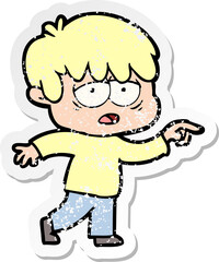 distressed sticker of a cartoon exhausted boy