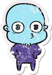 distressed sticker of a cartoon weird bald spaceman