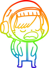 rainbow gradient line drawing cartoon astronaut woman explaining