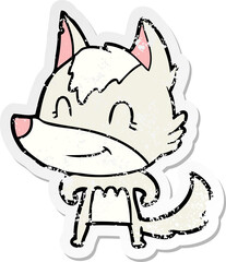 distressed sticker of a friendly cartoon wolf