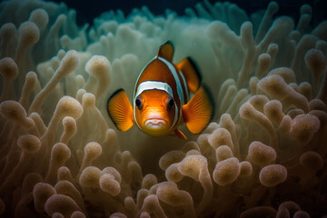 Naklejka na ściany i meble Baby Clown Fish Swimming in Colorful Coral Reef - Underwater POV generative ai
