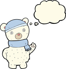cartoon polar bear in winter hat and scarf with thought bubble