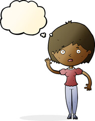 cartoon waving woman with thought bubble