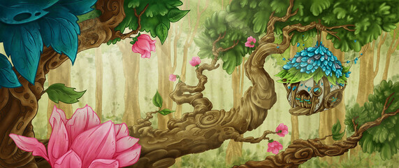 Illustration of a fairytale background, a forest with an elf house, pink flowers, Background for the animation of an elf forest.