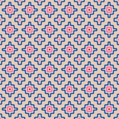 Vector geometric seamless pattern with wavy shapes, flower silhouettes. Simple abstract background in pink, blue, red and beige color. Cute funky colorful texture. Modern repeat decorative design