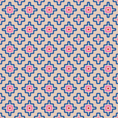Fototapeta premium Vector geometric seamless pattern with wavy shapes, flower silhouettes. Simple abstract background in pink, blue, red and beige color. Cute funky colorful texture. Modern repeat decorative design