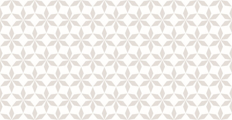 Subtle vector abstract geometric seamless pattern in Oriental style. Luxury texture with floral lattice, grid, flower silhouettes. Beige and white elegant background. Asian ornament. Repeat geo design