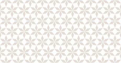 Subtle vector abstract geometric seamless pattern in Oriental style. Luxury texture with floral lattice, grid, flower silhouettes. Beige and white elegant background. Asian ornament. Repeat geo design