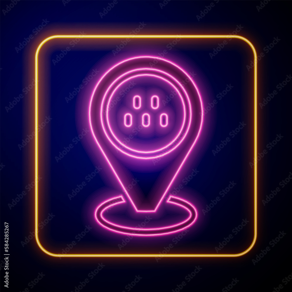 Poster glowing neon map pointer with taxi car icon isolated on black background. location symbol. vector