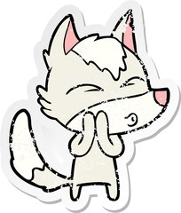 distressed sticker of a cartoon wolf whistling
