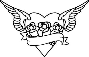 black line tattoo of a heart with wings flowers and banner