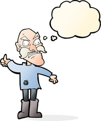 cartoon angry old man in patched clothing with thought bubble