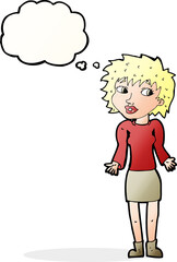 cartoon woman shrugging shoulders with thought bubble