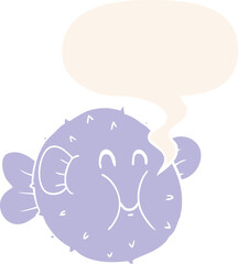 cartoon puffer fish and speech bubble in retro style