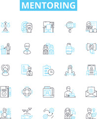 Mentoring vector line icons set. Counseling, advising, tutoring, guiding, coaching, support, teaching illustration outline concept symbols and signs
