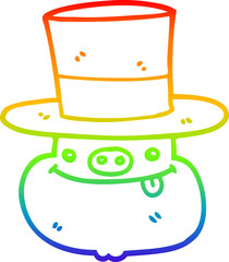 rainbow gradient line drawing cartoon pig wearing top hat