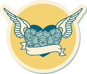tattoo style sticker of a flying heart with flowers and banner