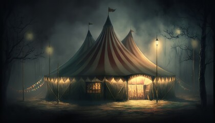 circus tent in the dark with lights