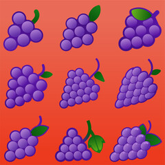 Grapes icon set. Vector illustration of fresh grape for fruit and food design. Graphic resource of grapefruit for vegetarian, healthy, diet, nutrition and tropical. Fresh fruit for healthy lifestyle