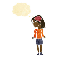 cartoon clever woman shrugging shoulders with thought bubble