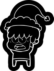 worried cartoon icon of a boy wearing santa hat