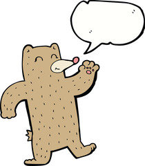 cartoon waving bear with speech bubble