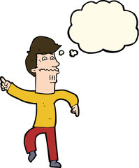 cartoon worried man pointing with thought bubble