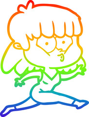 rainbow gradient line drawing cartoon woman running