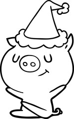 happy line drawing of a pig wearing santa hat