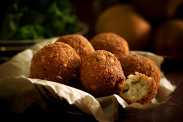Lebanese falafel, deep-fried ball or patty-shaped fritter of Arab origin, featuring in Middle Eastern cuisine, ai generative - obrazy, fototapety, plakaty