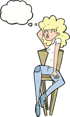 cartoon woman posing on chair with thought bubble