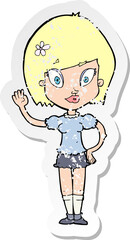 retro distressed sticker of a cartoon pretty girl waving