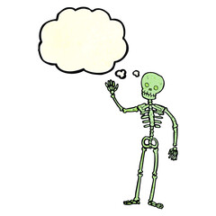 cartoon waving skeleton with thought bubble