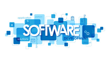 SOFTWARE DEVELOPMENT blue vector business concept banner with keywords and icons