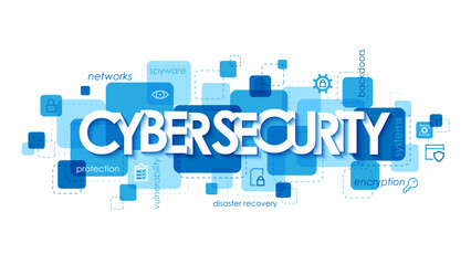 CYBER SECURITY blue vector business concept banner with keywords and icons