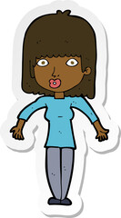 sticker of a cartoon woman shrugging