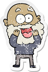 distressed sticker of a cartoon crazy happy man with beard gasping